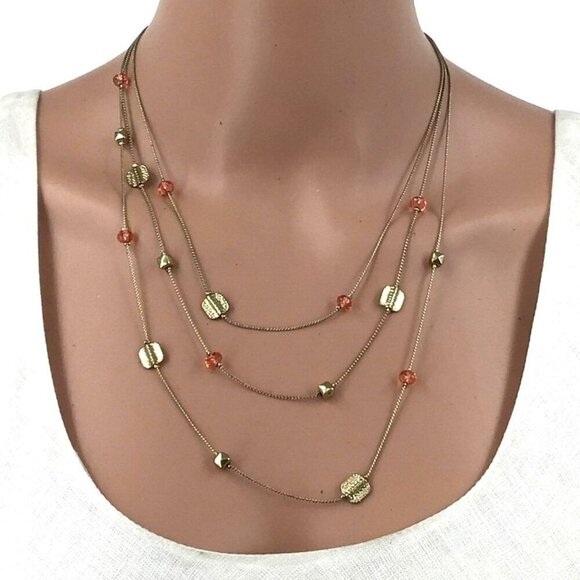 Charming Charlie Necklace Triple Strand Gold Tone Beaded Adjustable Length - Picture 1 of 2